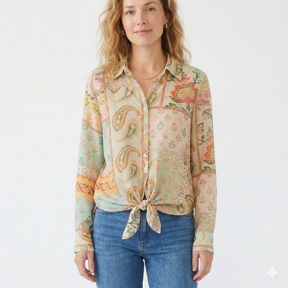 Rose + Olive NWT Paisley Patchwork Blouse Small Boho Tie Front Festival Top